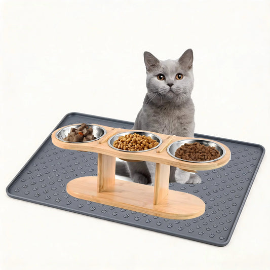 Elevated Cat Feeder With Three Stainless Bowls Tilted Wood Stand