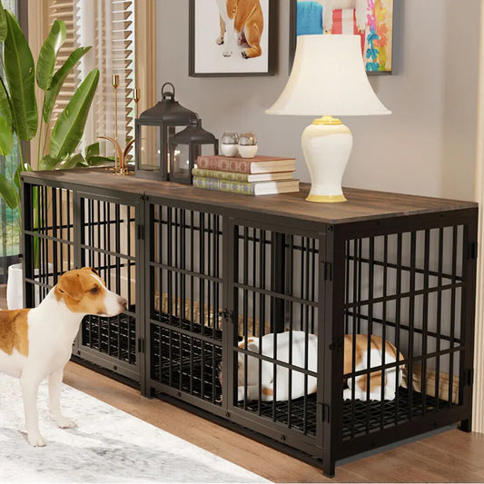 Metal And Wood Dog Crate End Table With Removable Tray