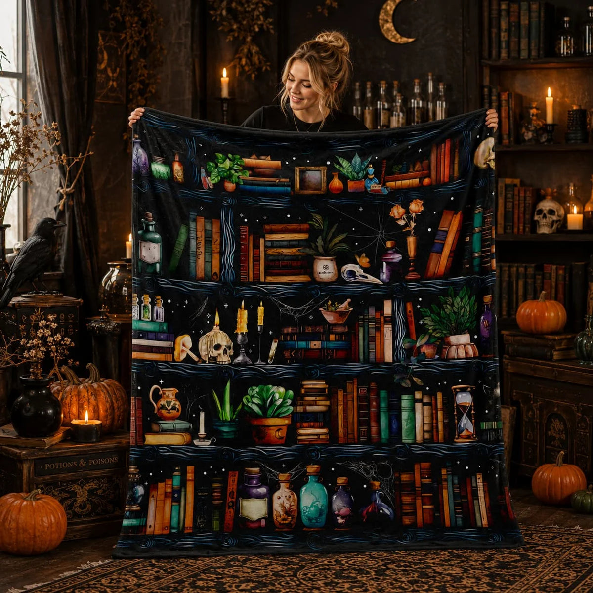 Halloween Book Lover Witch Bookshelf Fleece Throw Blanket Home Decor