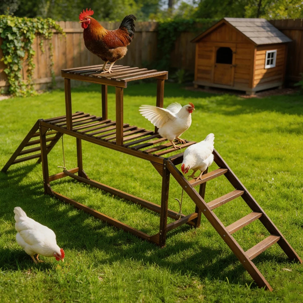 Chicken Coop Toy with Swing Ladder Platform Chicken Run Roosting Bar Hens Activity Play Ladder for Backyard Farm