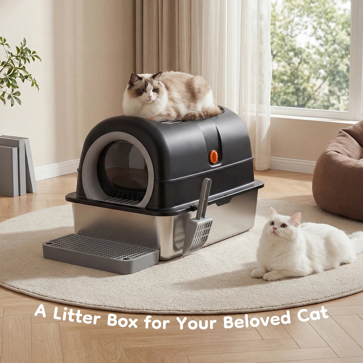 Premium Stainless Steel Fully Enclosed Cat Litter Box With Scoop