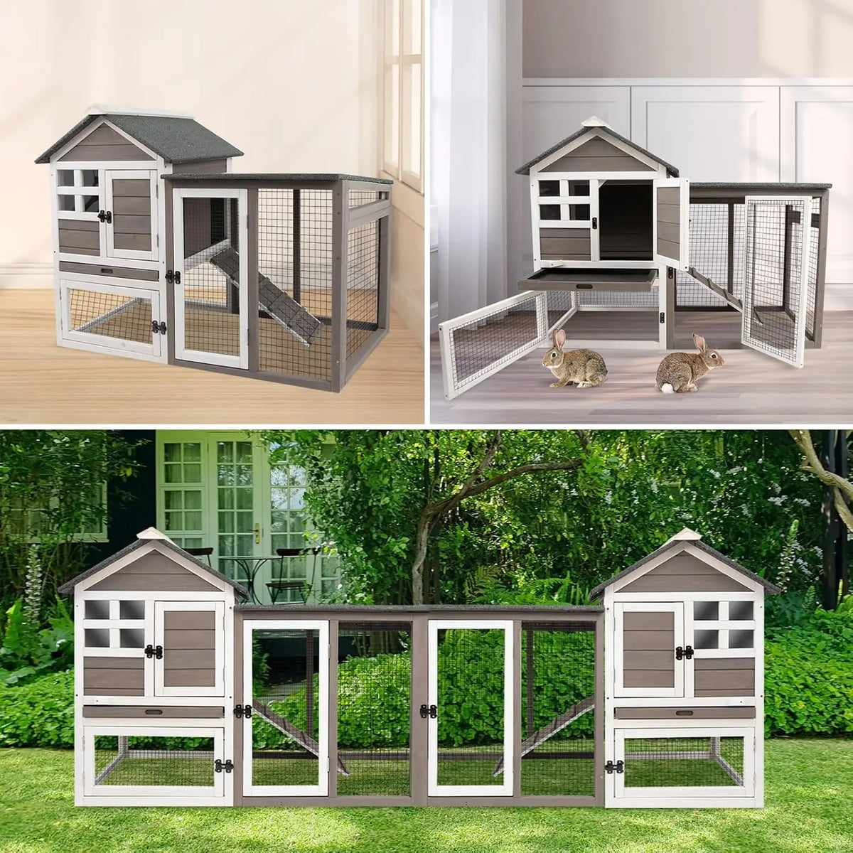Large Rabbit Hutch Outdoor Indoor with Pull Out Tray Wooden Bunny Hutch, Guinea Pig Cage Chicken Coop with Run, Removable Tray, Asphalt Roof, Lockable Doors and Ramp