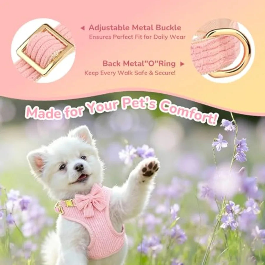 Adjustable Cotton Dog Harness And Leash Set With Bowtie Design