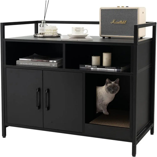 Hidden Cat Litter Box Enclosure With Scratcher And Storage Cabinet