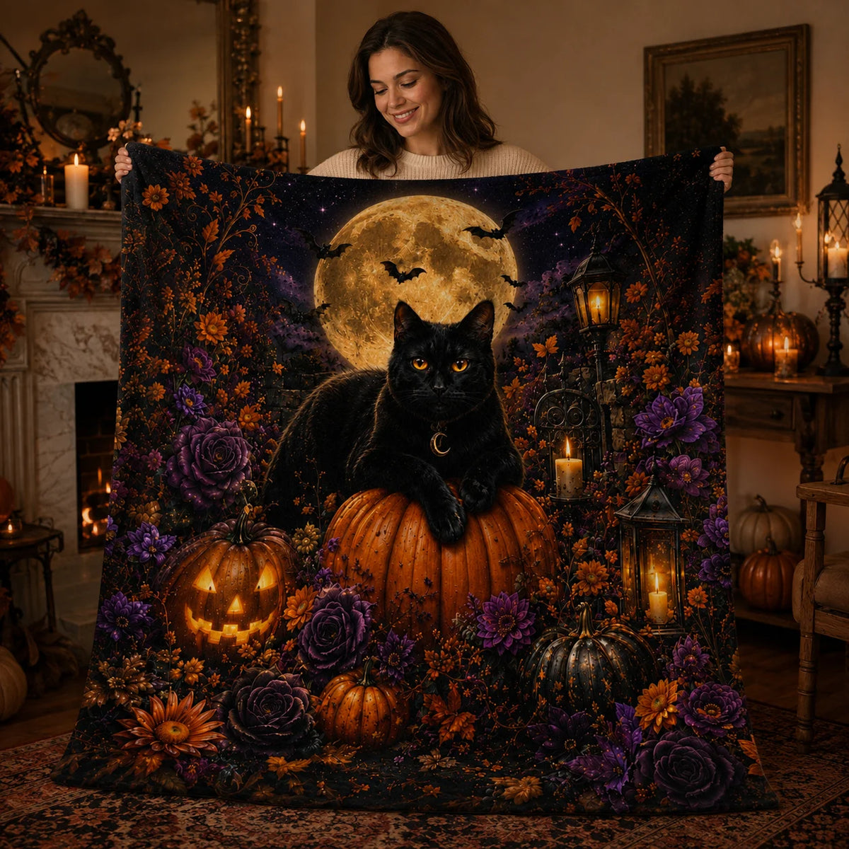 Cat Halloween Fleece Throw Blanket with Gothic Floral Pumpkins Print