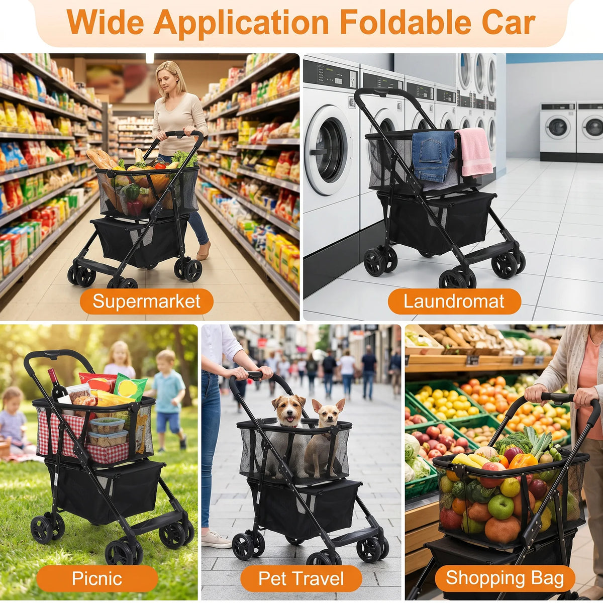 Folding Pet Stroller And Shopping Cart With Detachable Hand Basket