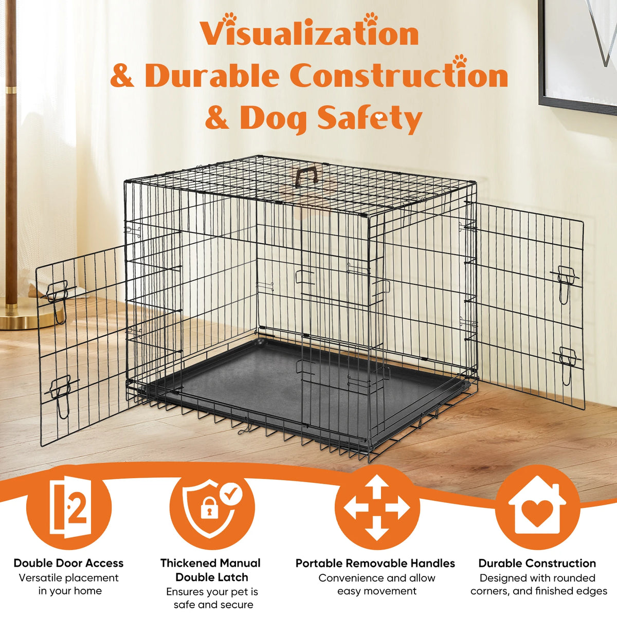JHK Double Door Metal Wire Dog Kennel With Leakproof Tray