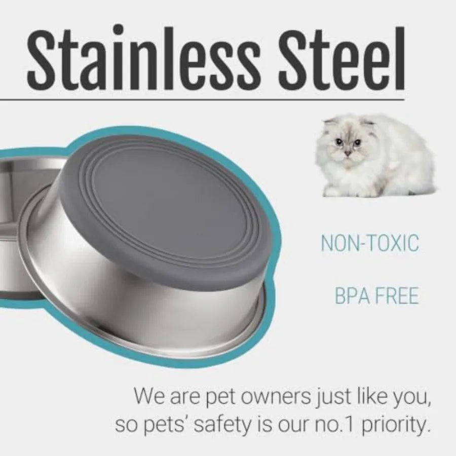 Nonslip Stainless Steel Dog Cat Bowls, US, 2 Count No slide silicone bottom, Dishwasher safe, Easy to clean, Stackable design