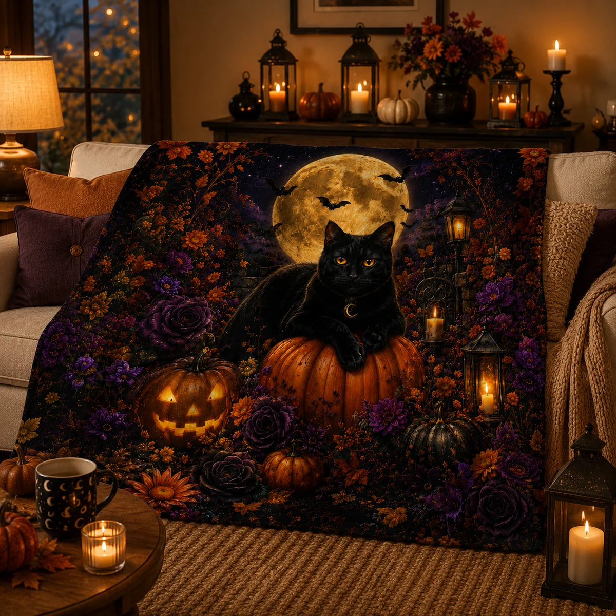 Cat Halloween Fleece Throw Blanket with Gothic Floral Pumpkins Print