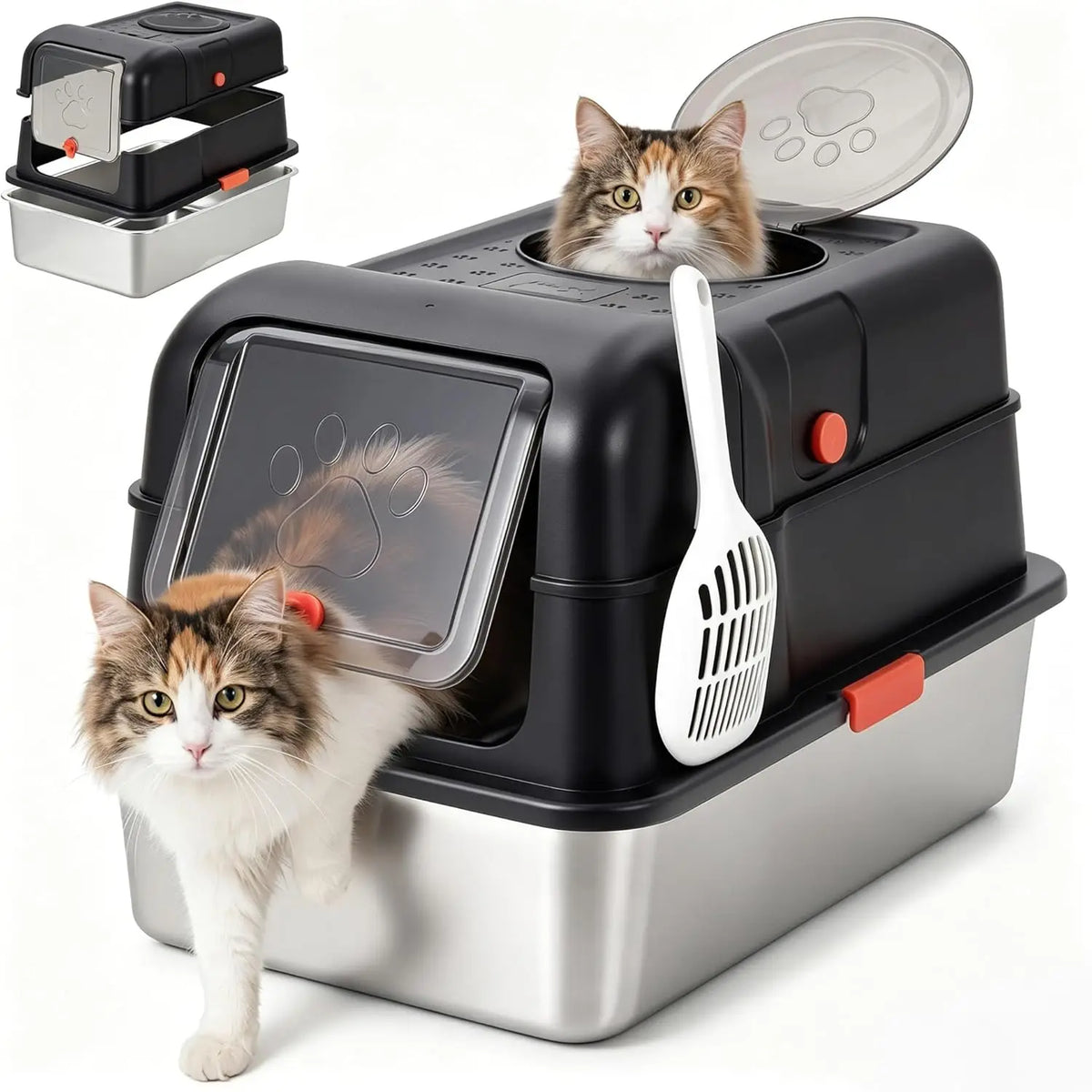 Studyset Enclosed Stainless Steel Litter Box with Lid Includes Scoop