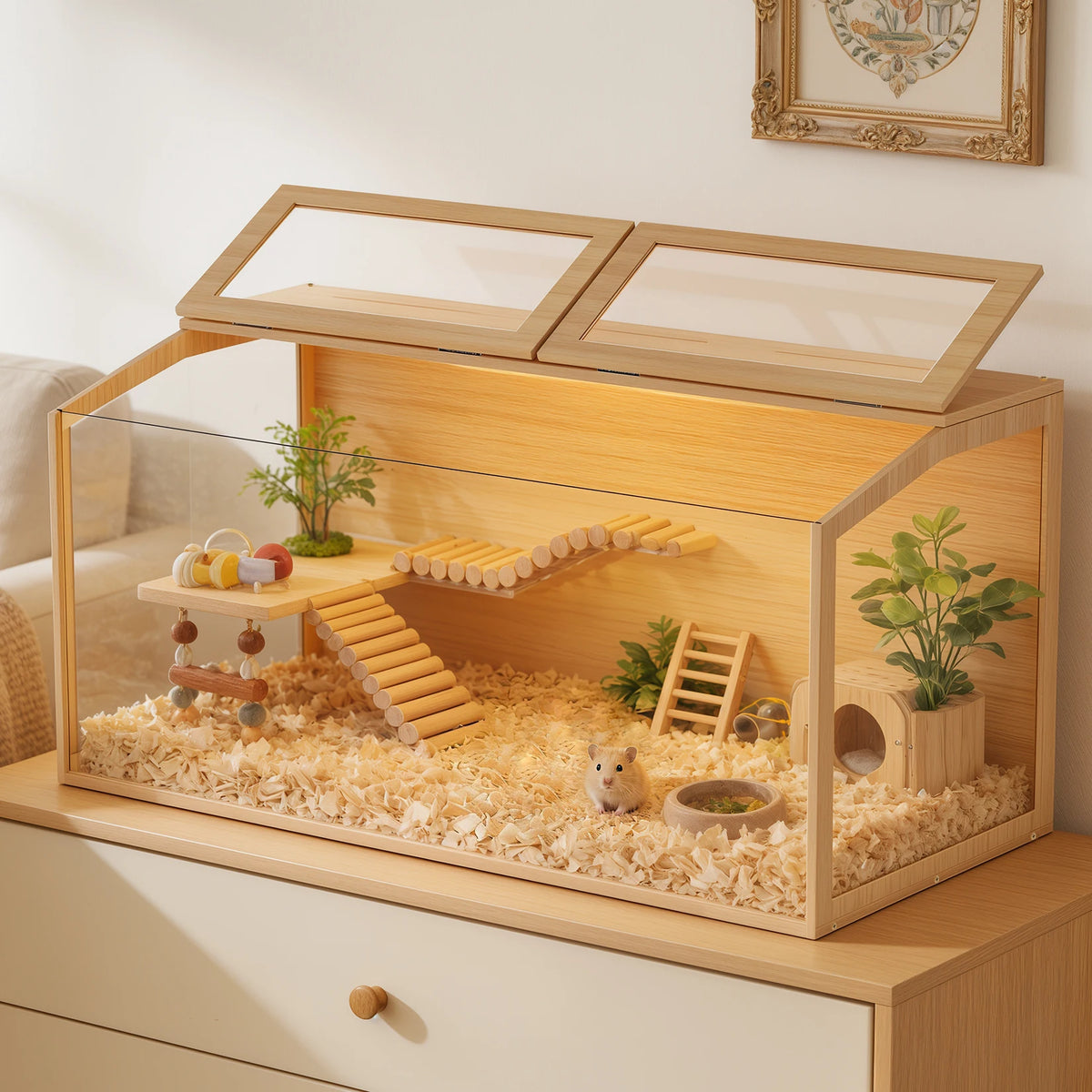 Chew Proof Wooden Hamster Cage With Tempered Glass Panels