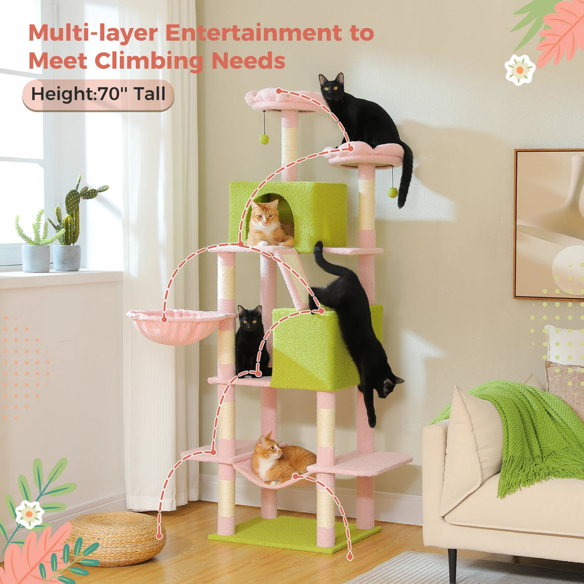 Tall Cat Tree with Scratching Posts Cozy Hammock Top Perch Multi-Level Large Cat Tower Spacious Cat Condo for Indoor Cat Toys