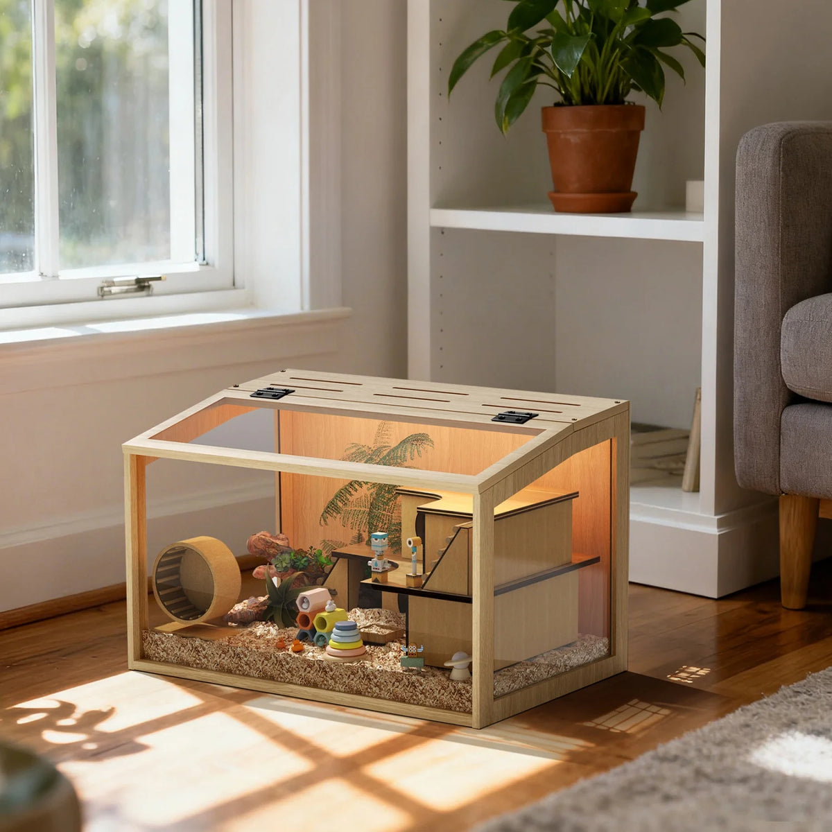 Natural Wood Tabletop Hamster Cage For Small Pet Habitat