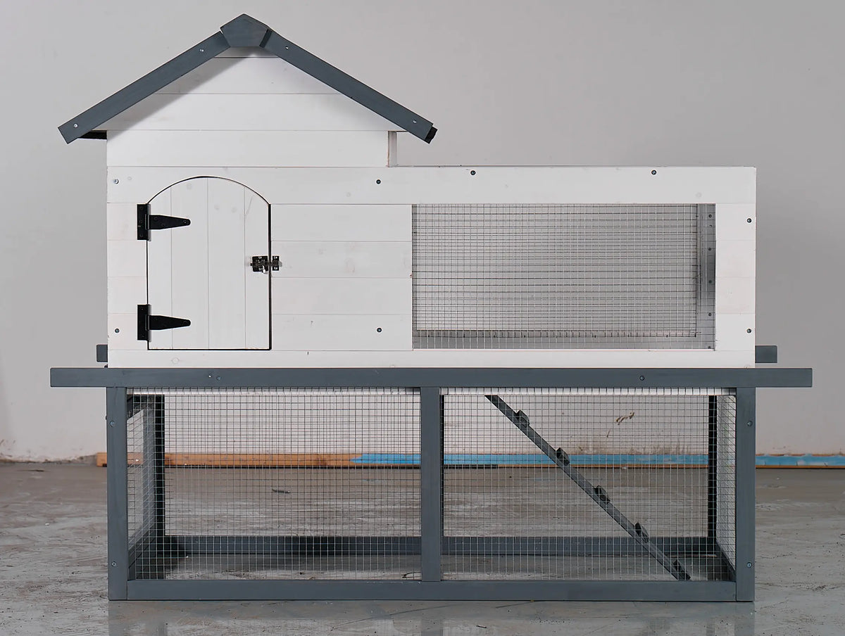 Chicken Coop with Run Elevated Solid Wood Hen House Outdoor Waterproof Metal Frame Raised Chicken Cage Pull Out Cleaning Tray Backyard Rabbit Hutch for Small Poultry