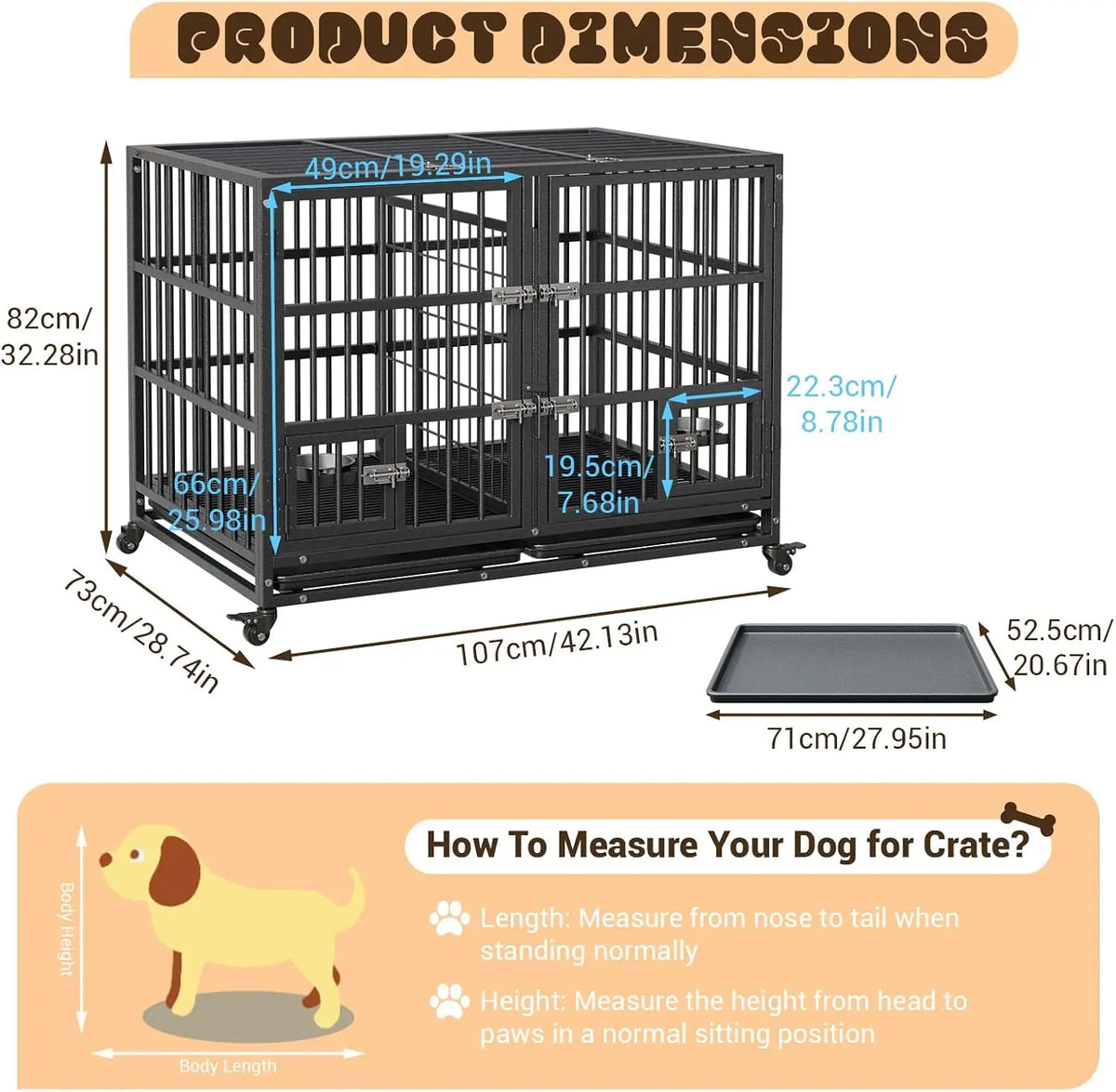 Garvee Heavy Duty Dog Crate With Lockable Wheels And Tray