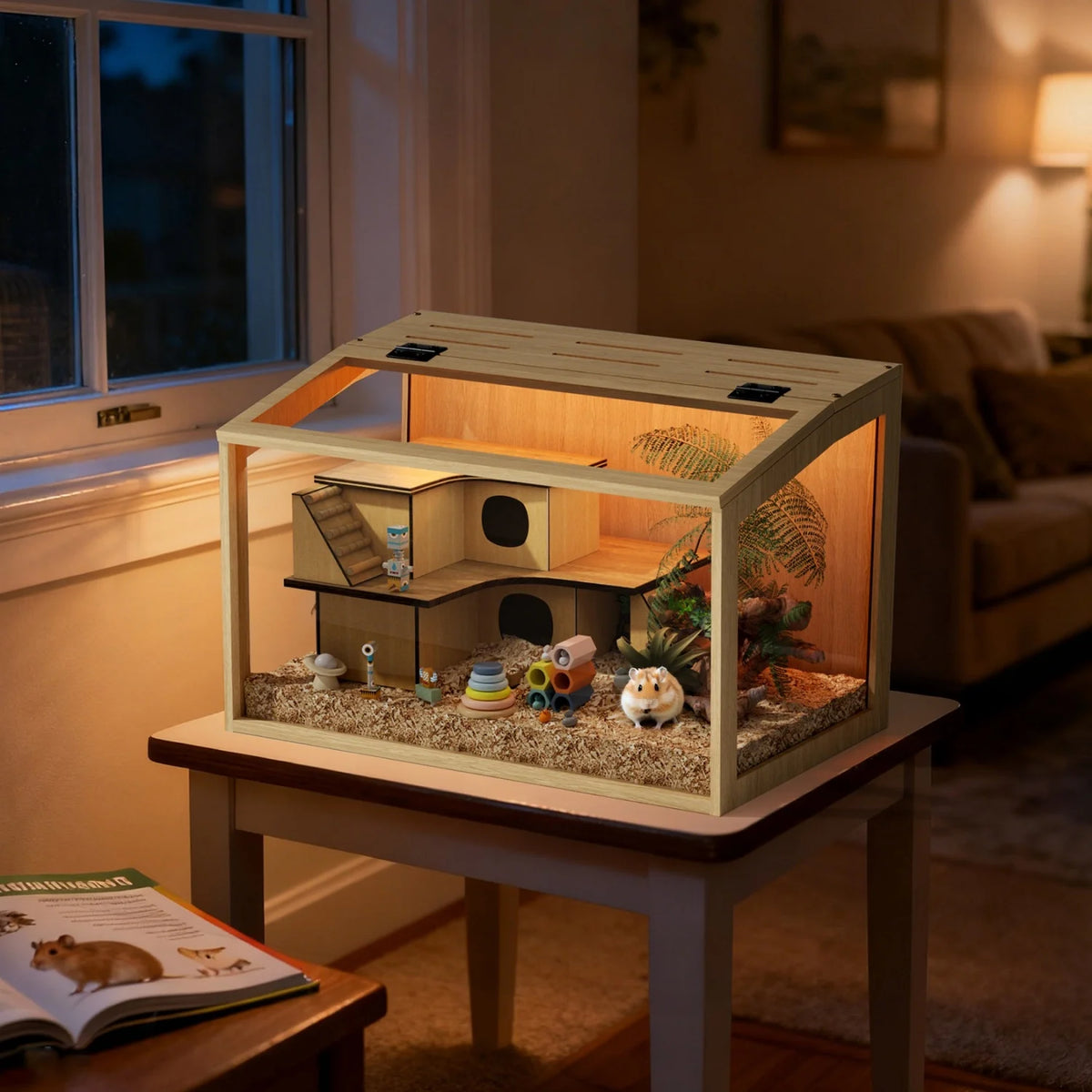 Wooden Hamster Cage LED Lights Tempered Glass Small Pet Habitat