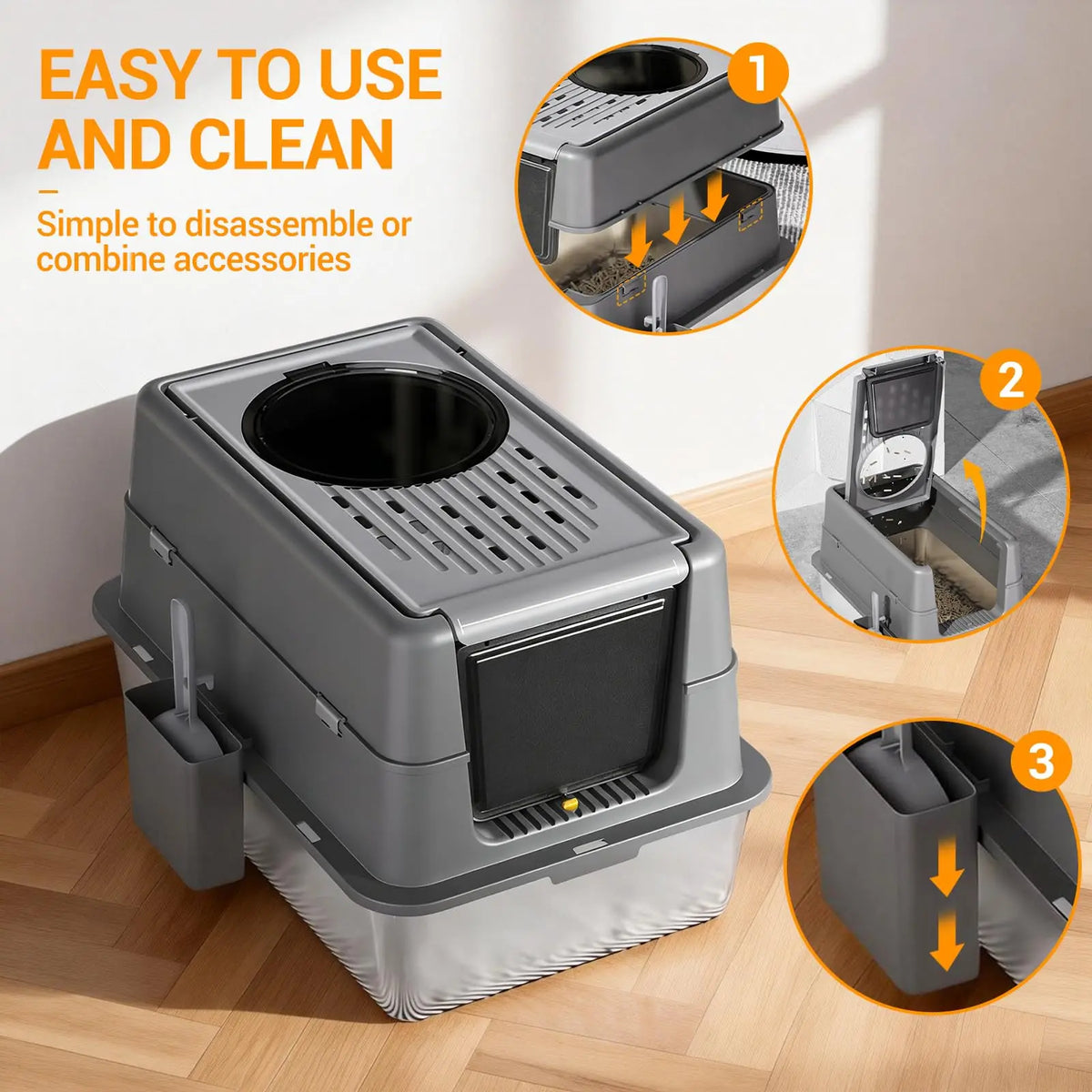 2-in-1 Stainless Steel Cat Litter Box, Large Semi-Enclosed Cat Litter Tray with Top Exit, Front Door, Air Vents, Detachable Inner Buckle, Cat Litter Scoop Included
