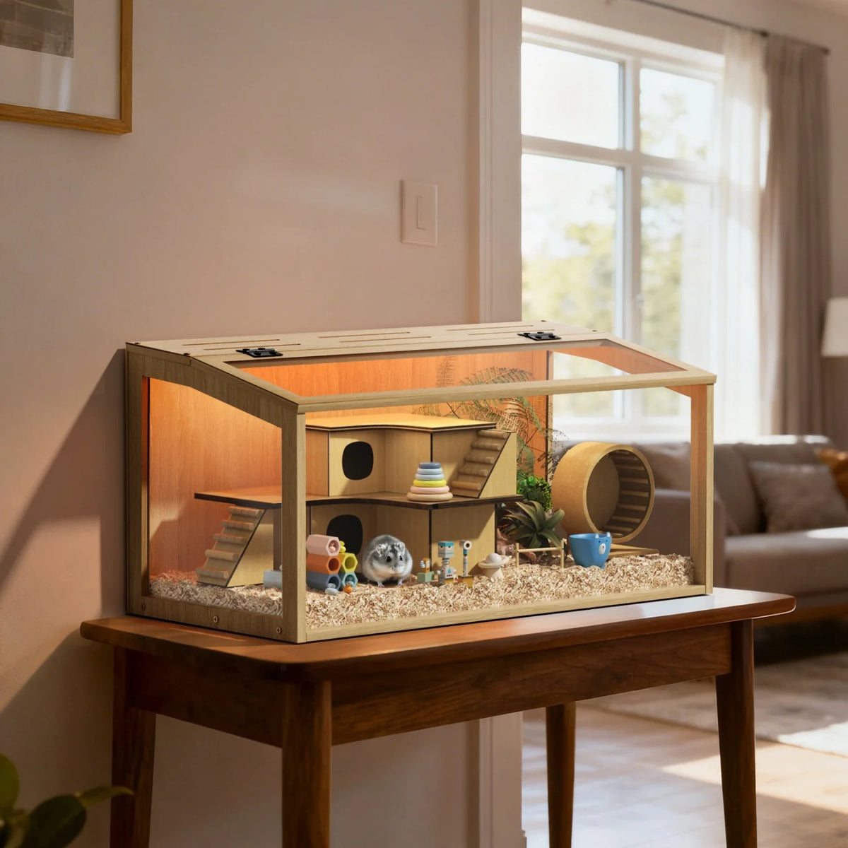 Natural Wood Tabletop Hamster Cage For Small Pet Habitat