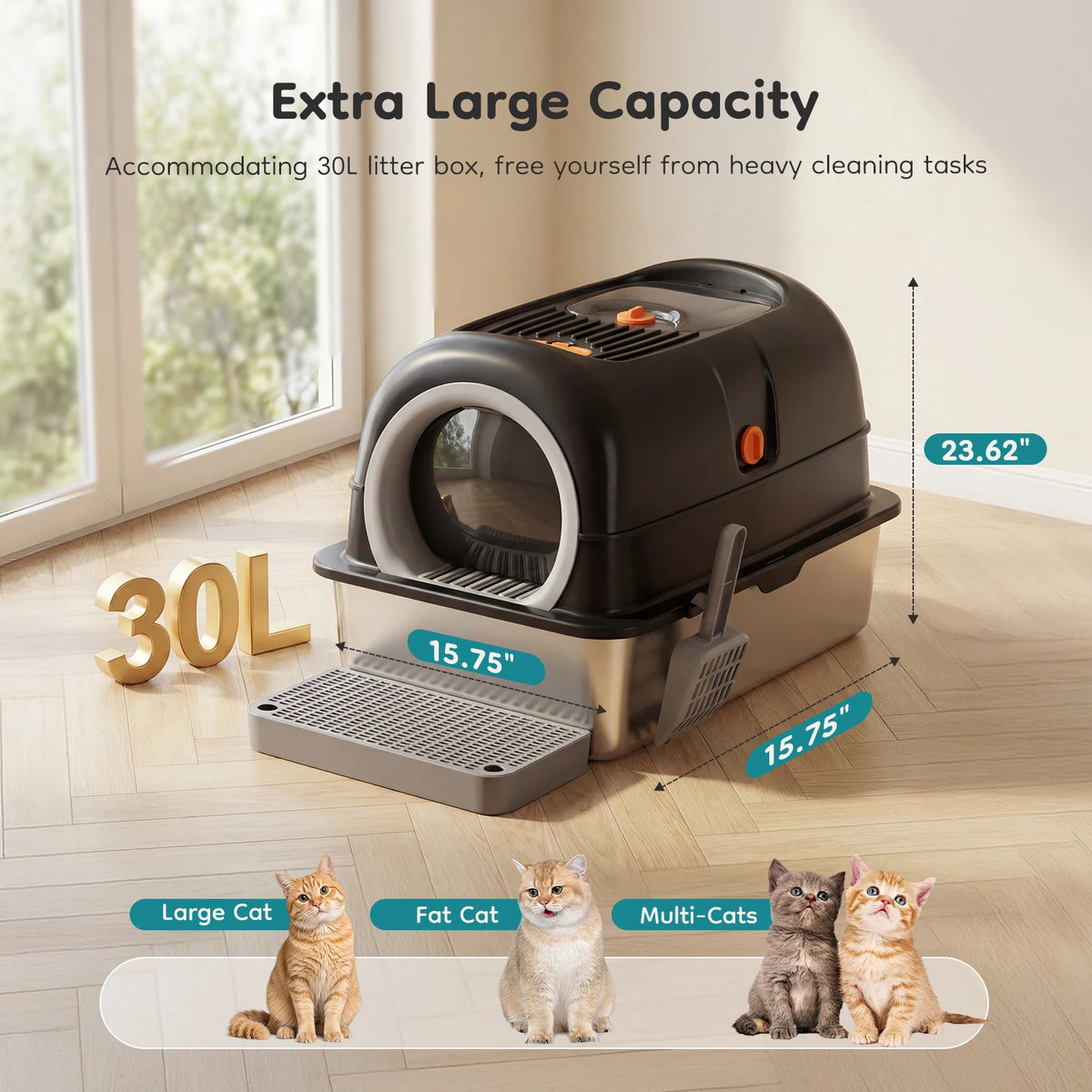 Premium Stainless Steel Fully Enclosed Cat Litter Box With Scoop