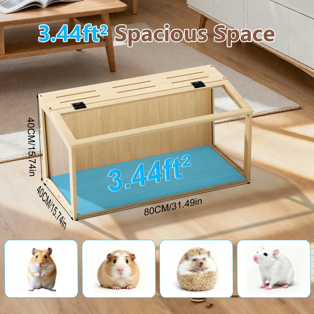 Wooden Hamster Cage LED Lights Tempered Glass Small Pet Habitat