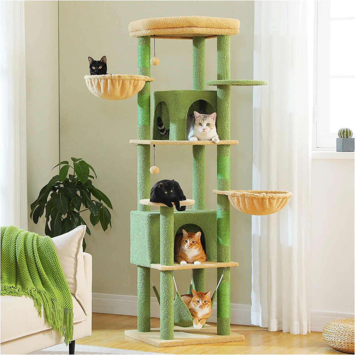 Tall Cat Tree with Scratching Posts Cozy Hammock Top Perch Multi-Level Large Cat Tower Spacious Cat Condo for Indoor Cat Toys