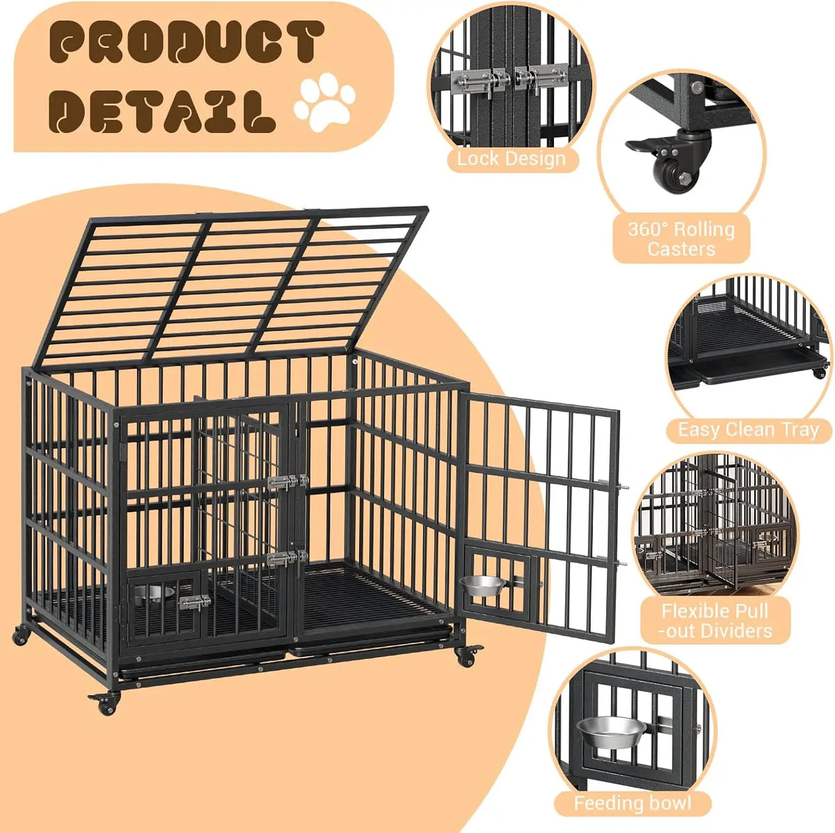 Garvee Heavy Duty Dog Crate With Lockable Wheels And Tray