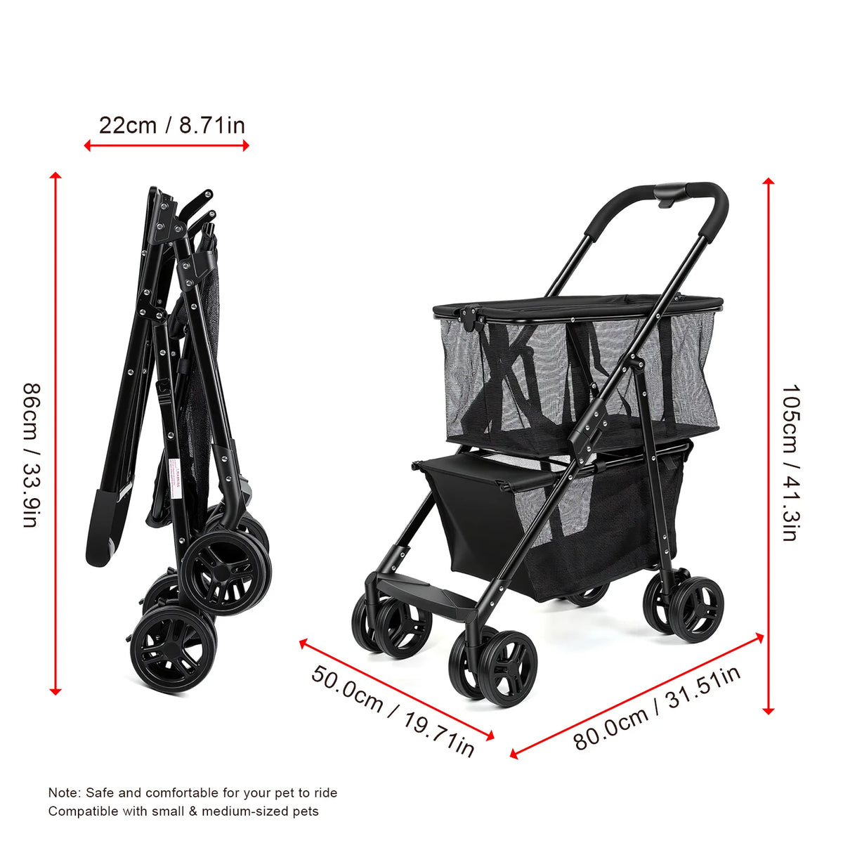 Folding Pet Stroller And Shopping Cart With Detachable Hand Basket