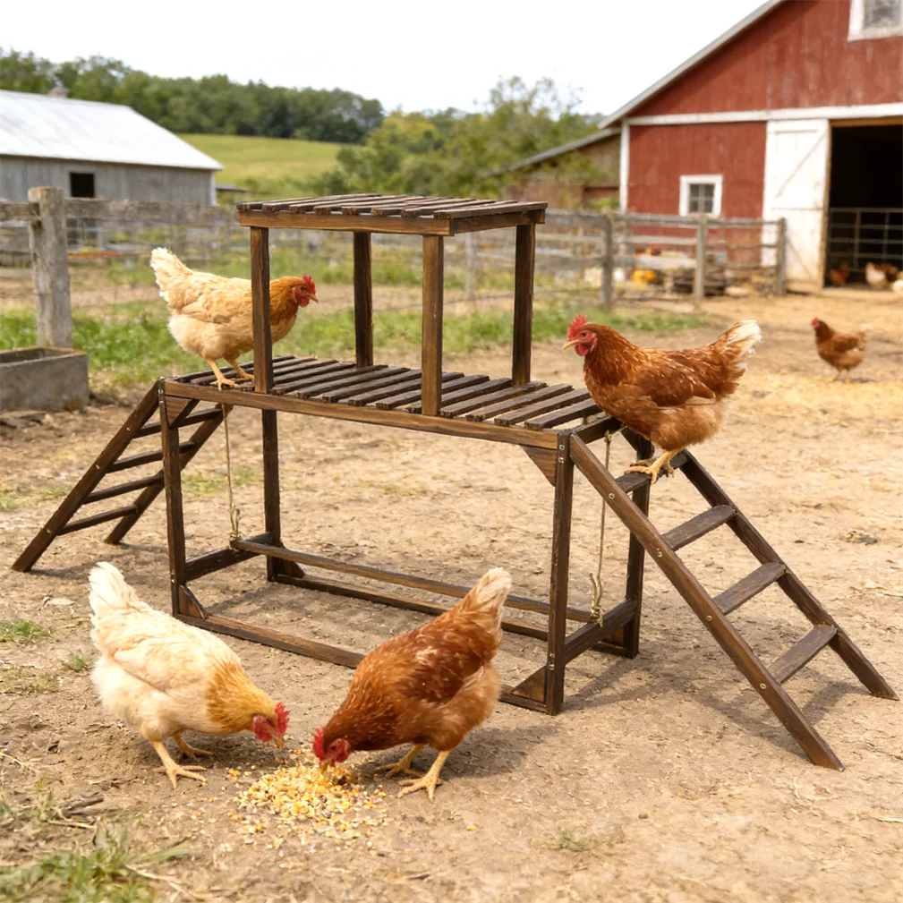 Chicken Coop Toy with Swing Ladder Platform Chicken Run Roosting Bar Hens Activity Play Ladder for Backyard Farm