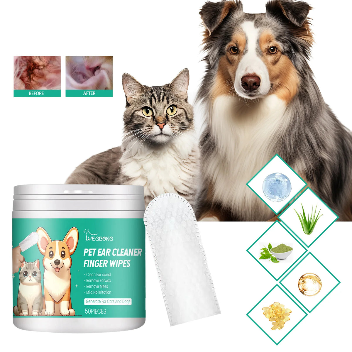 Pet Ear Cleaning Finger Wipes for Cats & Dogs, Mild Formula, Remove Earwax, Deodorize & Clean Eyes Paws