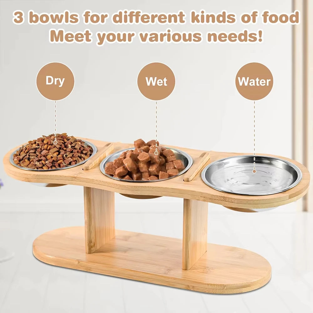 Elevated Cat Feeder With Three Stainless Bowls Tilted Wood Stand