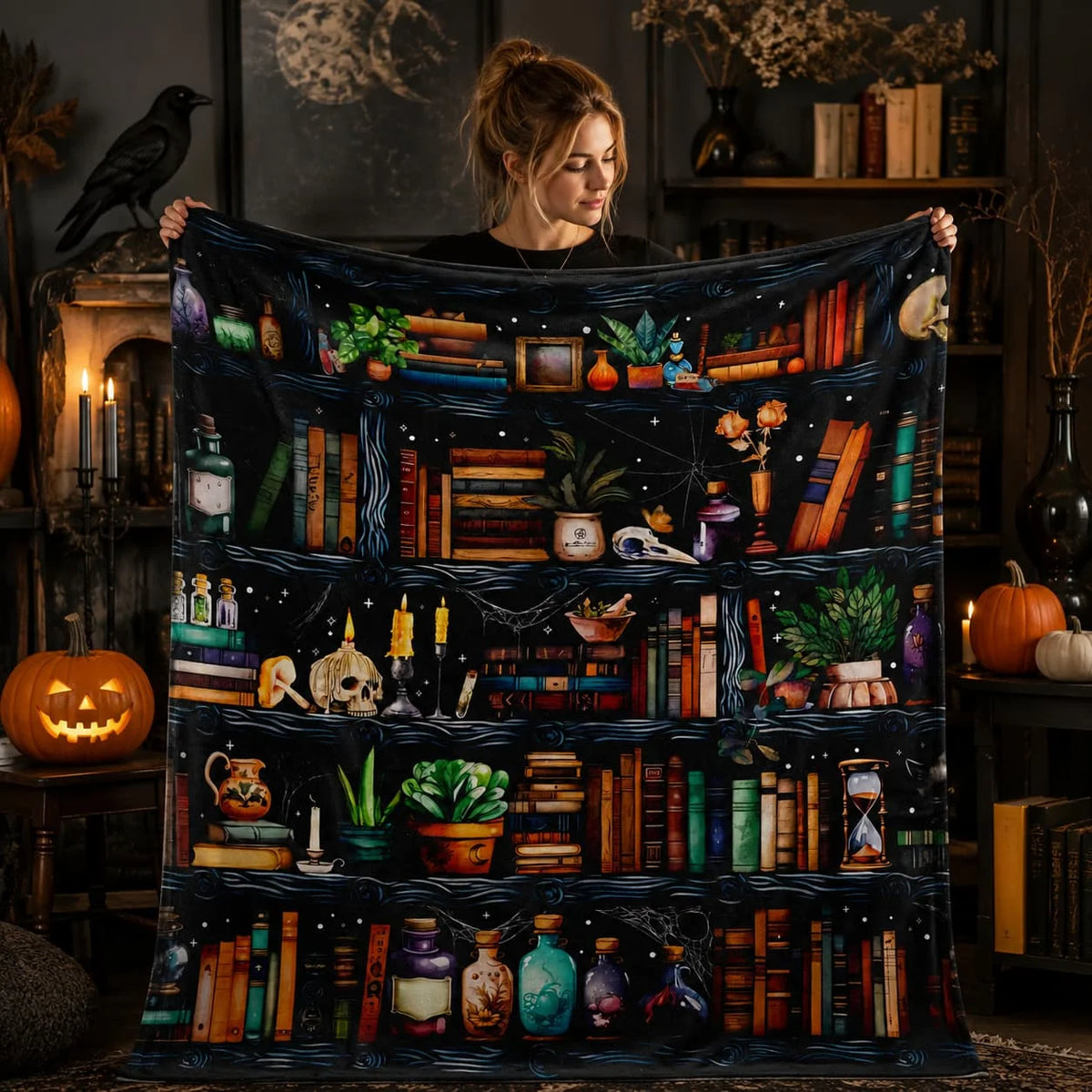 Halloween Book Lover Witch Bookshelf Fleece Throw Blanket Home Decor