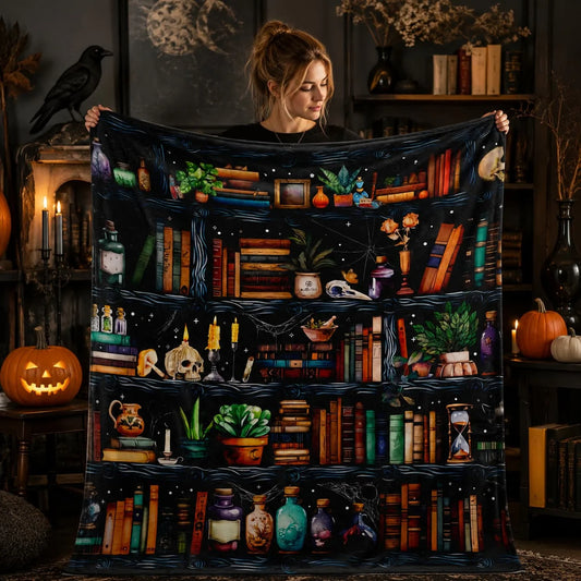 Halloween Book Lover Witch Bookshelf Fleece Throw Blanket Home Decor