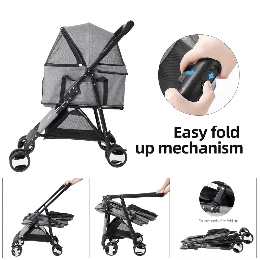 Foldable Four Wheel Pet Stroller With Rain Cover And Storage Basket