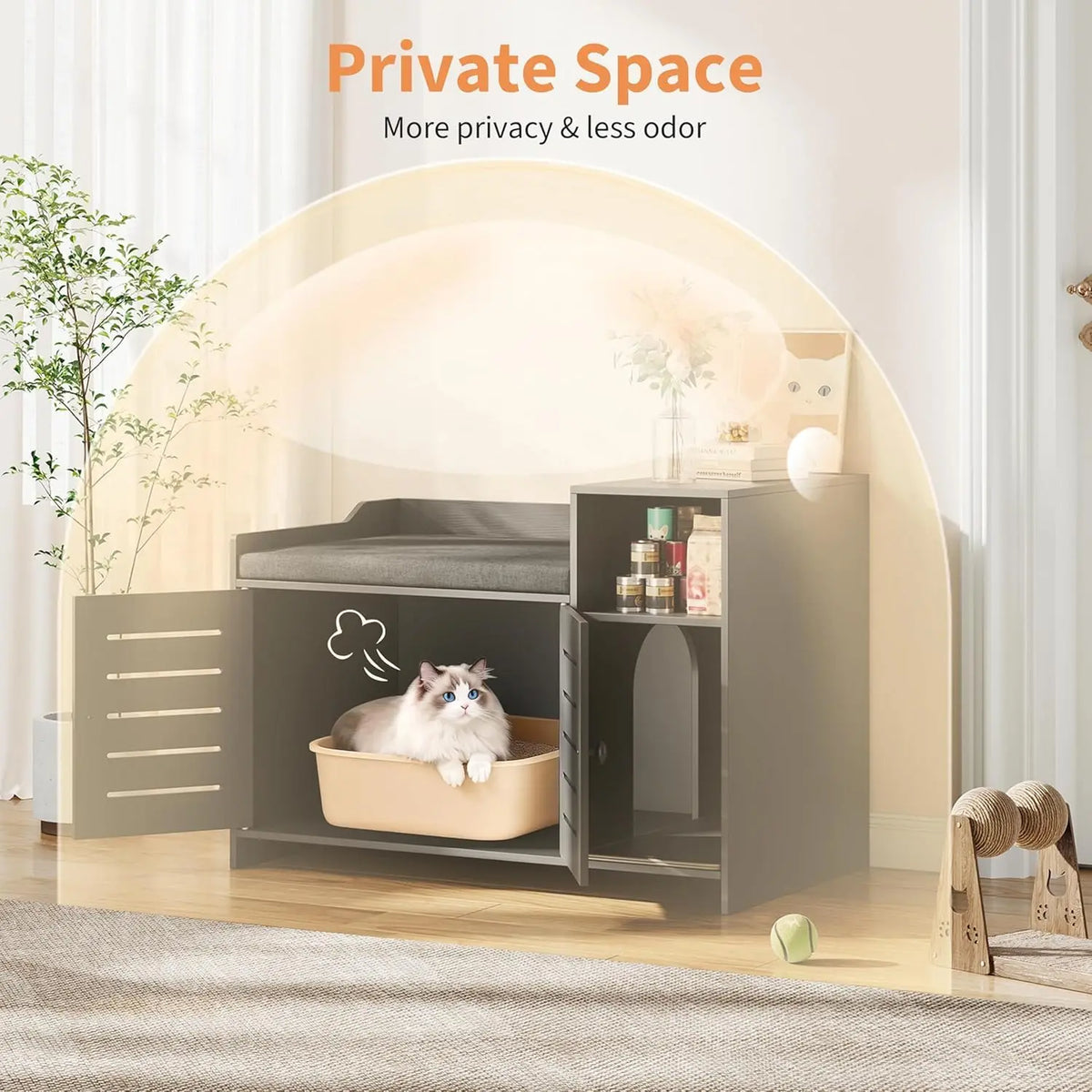 Farmhouse Cat Litter Box Enclosure With Scratch Pad Storage