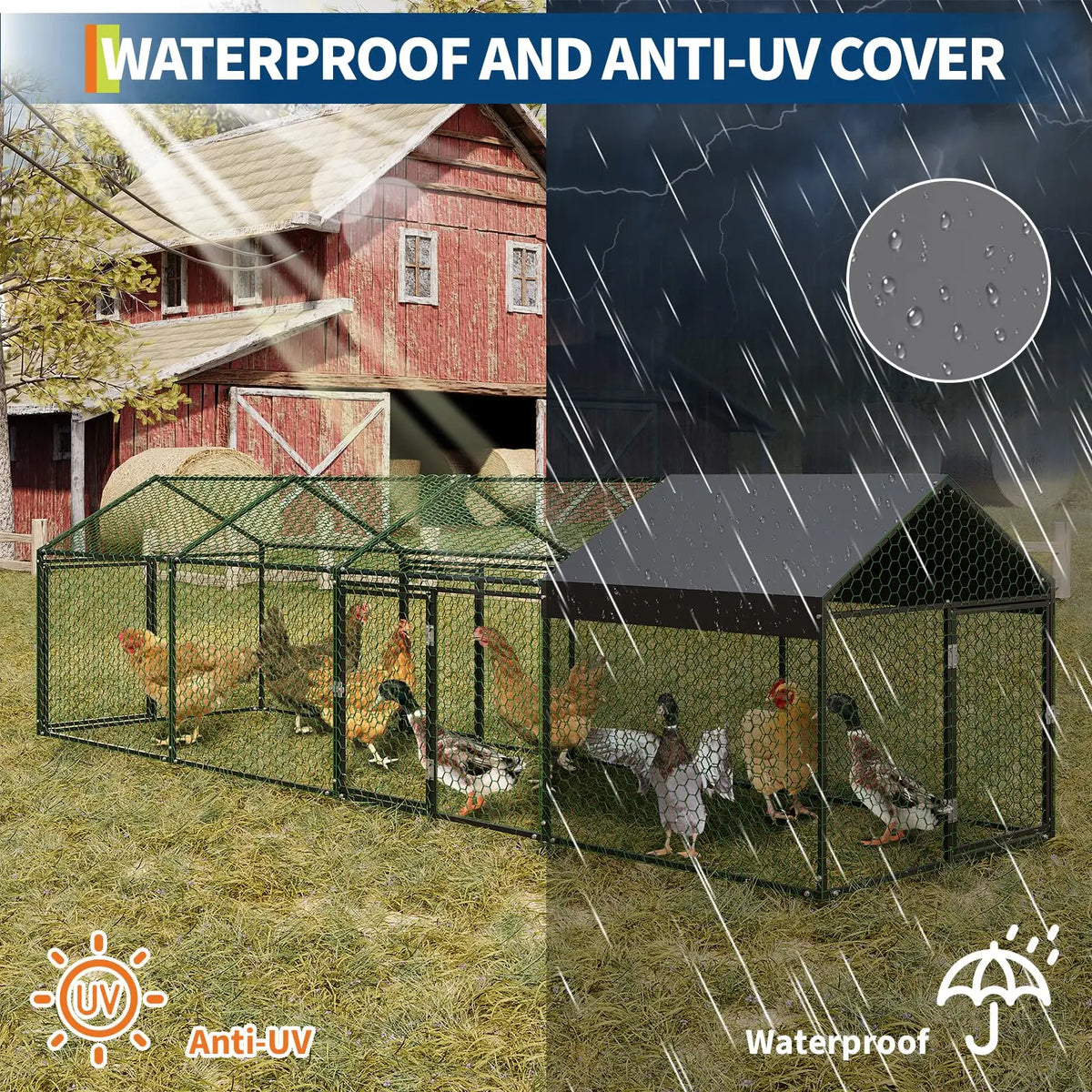 Metal Chicken Coop Heavy Duty Walk-in Chicken Runs with Doors and Anti-Uv Cover,Portable Poultry Cage Hen House Outdoor Backyard