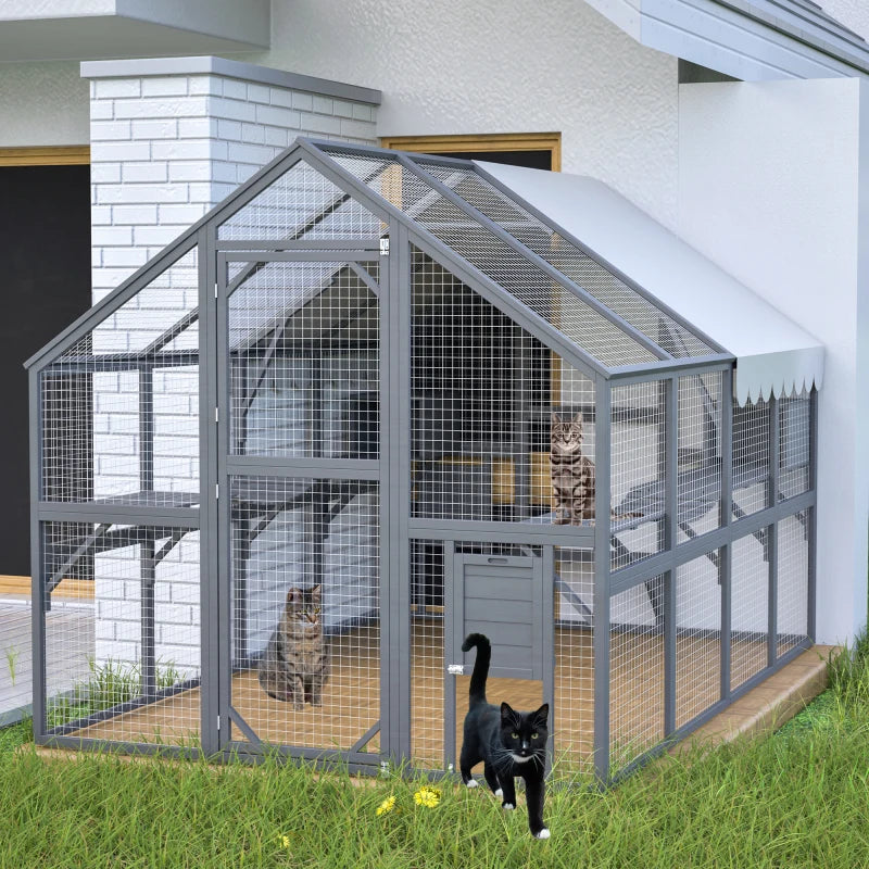 Spacious Outdoor Cat Enclosure With Weatherproof Roof And Dual Cabins