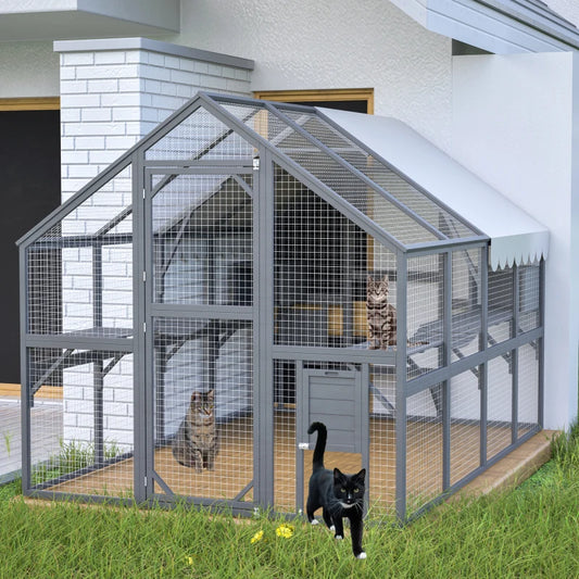 Spacious Outdoor Cat Enclosure With Weatherproof Roof And Dual Cabins