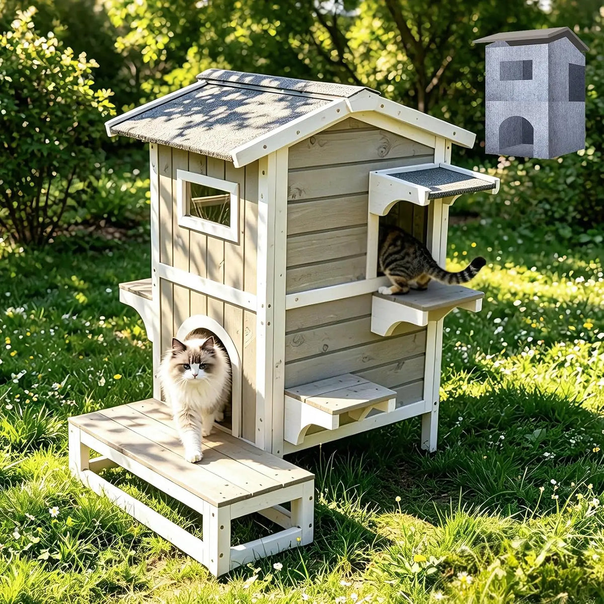 Weatherproof Wooden Outdoor Cat House for Feral Cats with Insulated Lining, Multiple Cat Shelter with Open Roof, 4 Escape Doors and Balcony Feeding Station