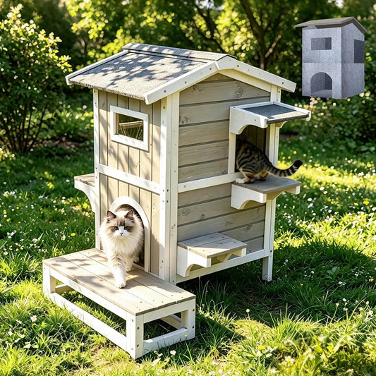 Weatherproof Wooden Outdoor Cat House for Feral Cats with Insulated Lining, Multiple Cat Shelter with Open Roof, 4 Escape Doors and Balcony Feeding Station