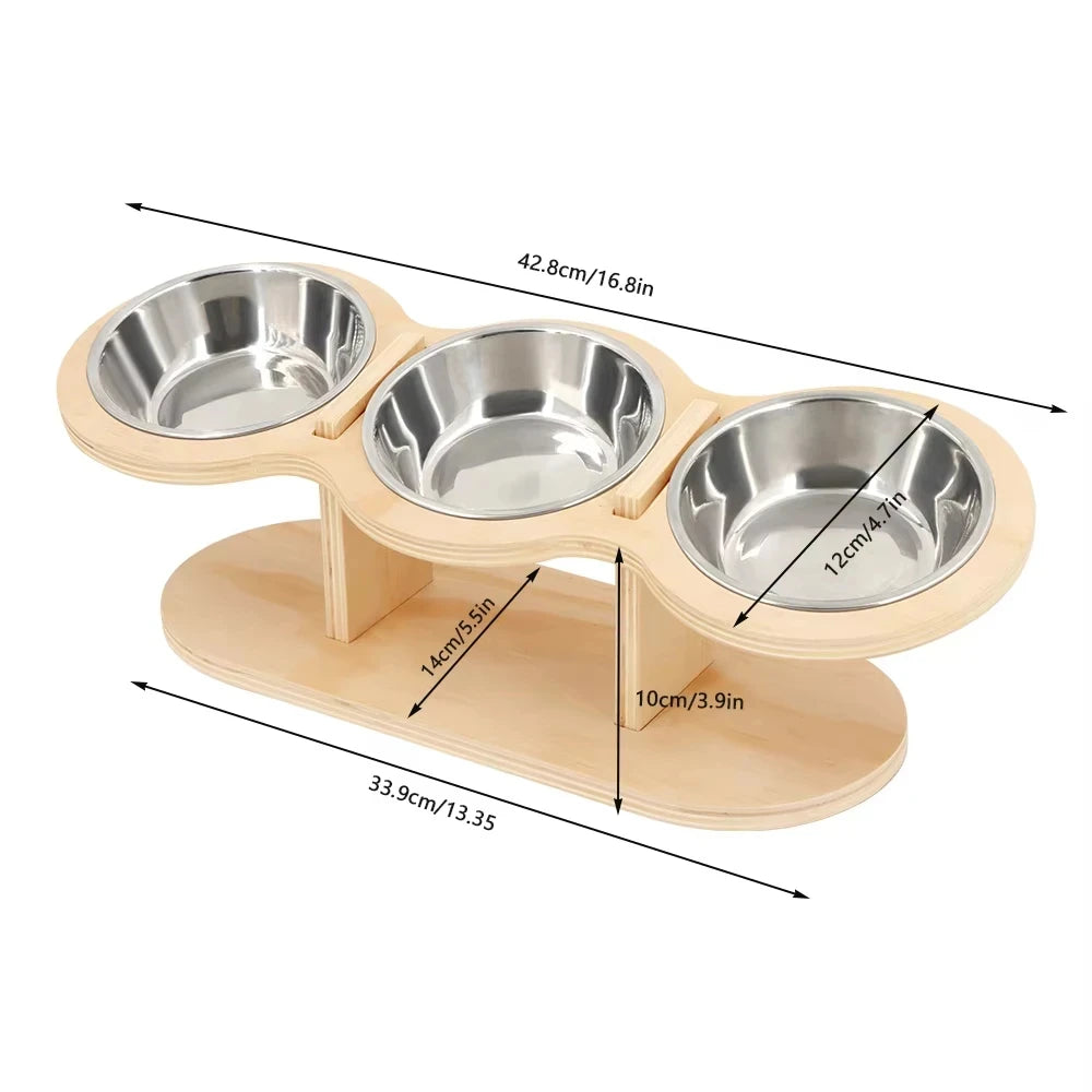 Elevated Cat Feeder With Three Stainless Bowls Tilted Wood Stand