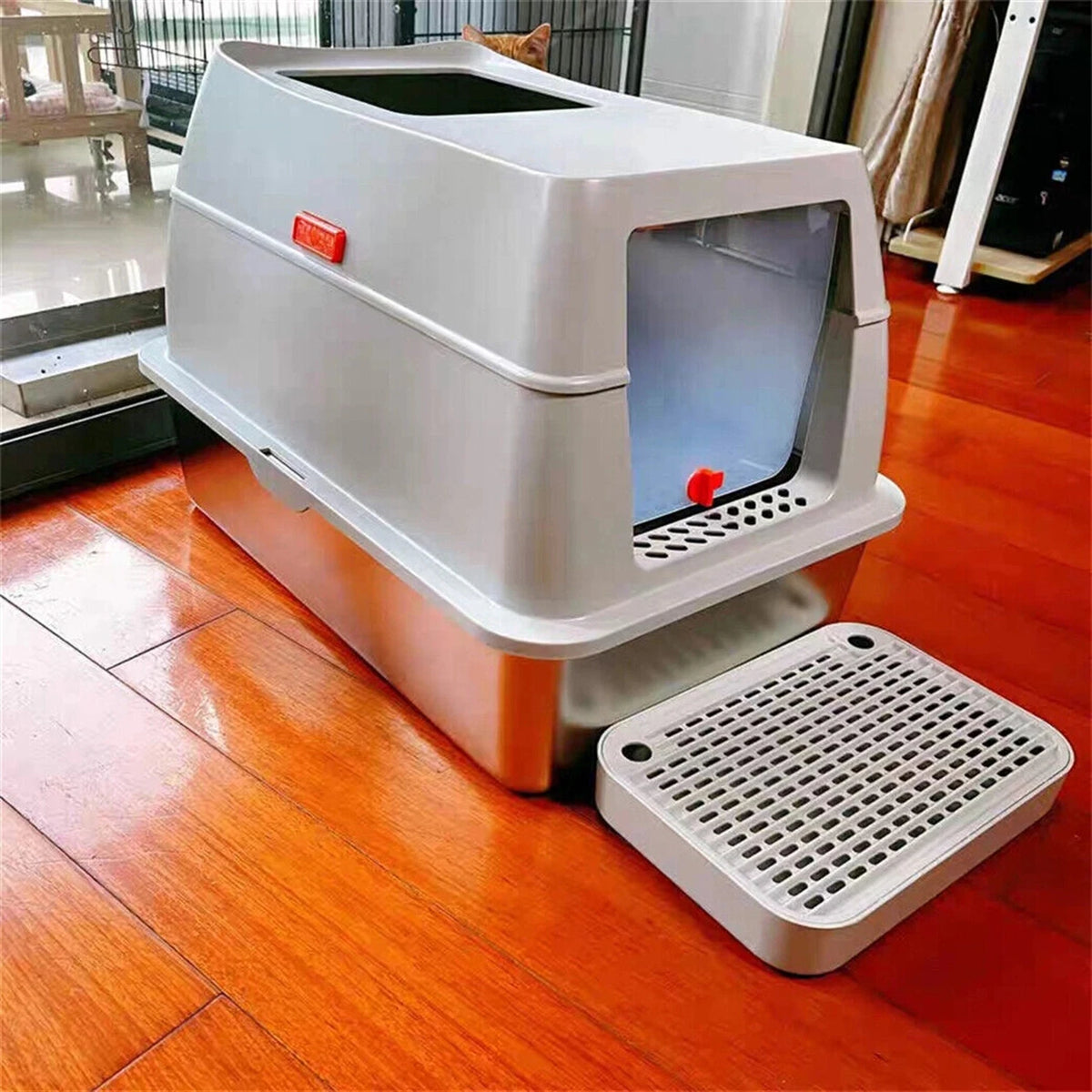 Covered Stainless Steel Cat Litter Box With Scoop Included