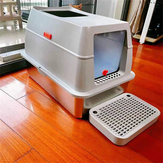 Covered Stainless Steel Cat Litter Box With Scoop Included