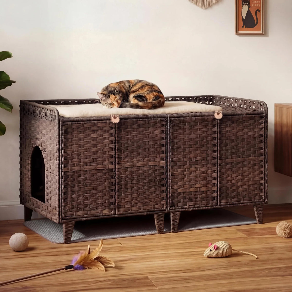 DishyKooker Rattan Hidden Litter Box Enclosure For Two Cats