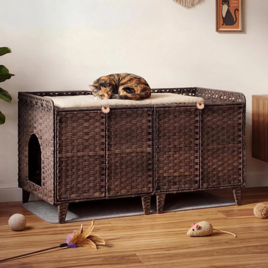 DishyKooker Rattan Hidden Litter Box Enclosure For Two Cats