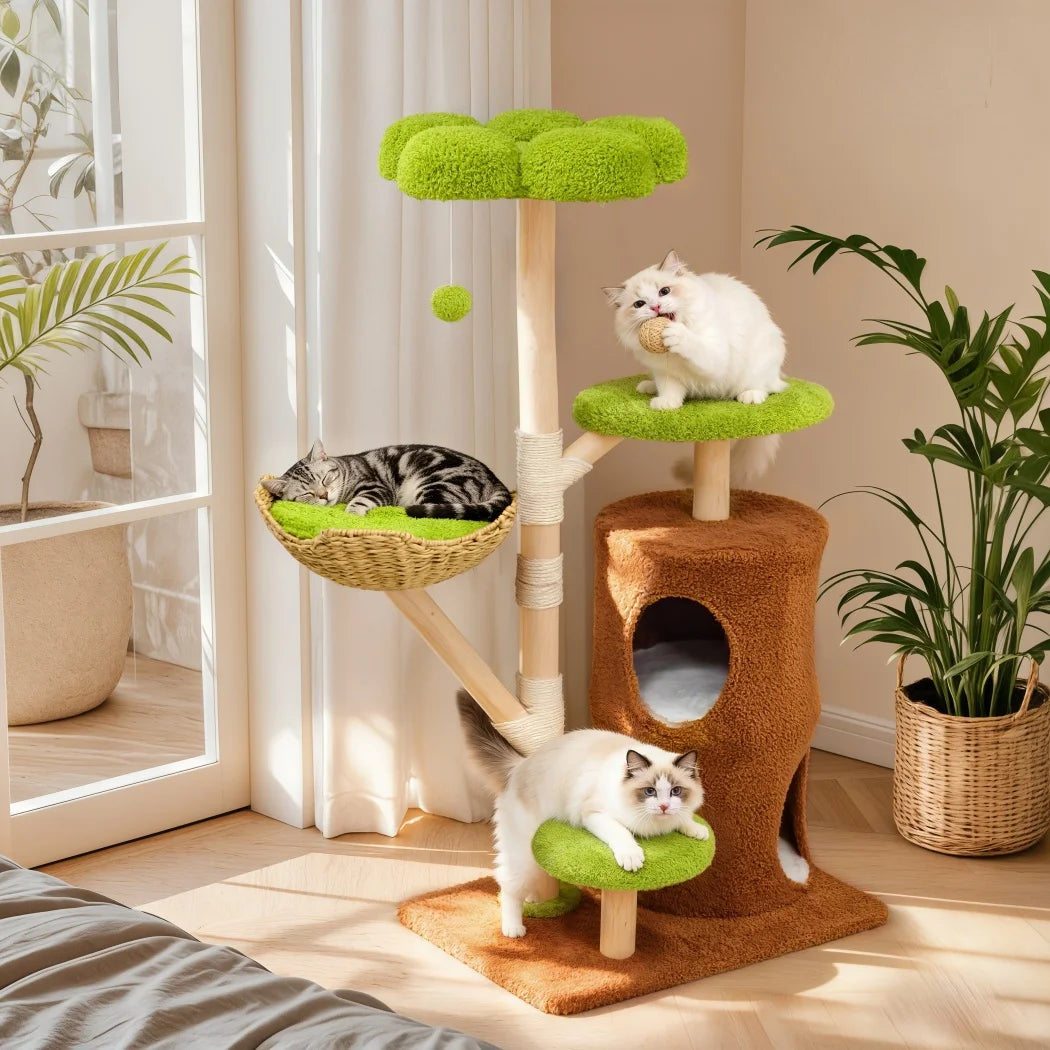 BORWART Wooden Cat Tree Tower With Scratching Post And Condo House