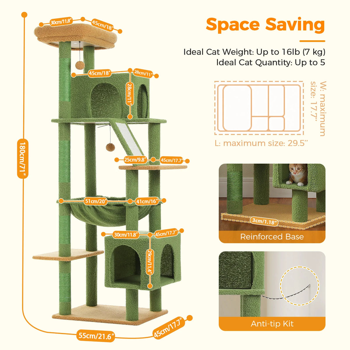 Tall Cat Tree with Scratching Posts Cozy Hammock Top Perch Multi-Level Large Cat Tower Spacious Cat Condo for Indoor Cat Toys