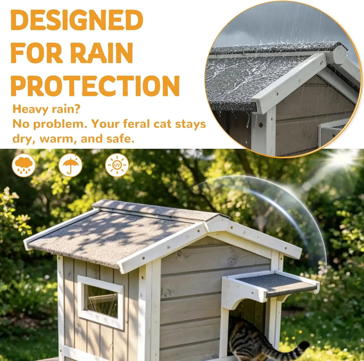 Weatherproof Wooden Outdoor Cat House for Feral Cats with Insulated Lining, Multiple Cat Shelter with Open Roof, 4 Escape Doors and Balcony Feeding Station