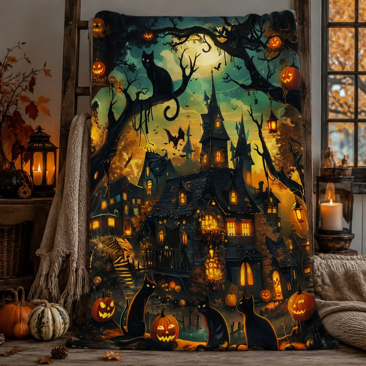 Pumpkin Cat Halloween Sherpa Throw Blanket For Home Decor