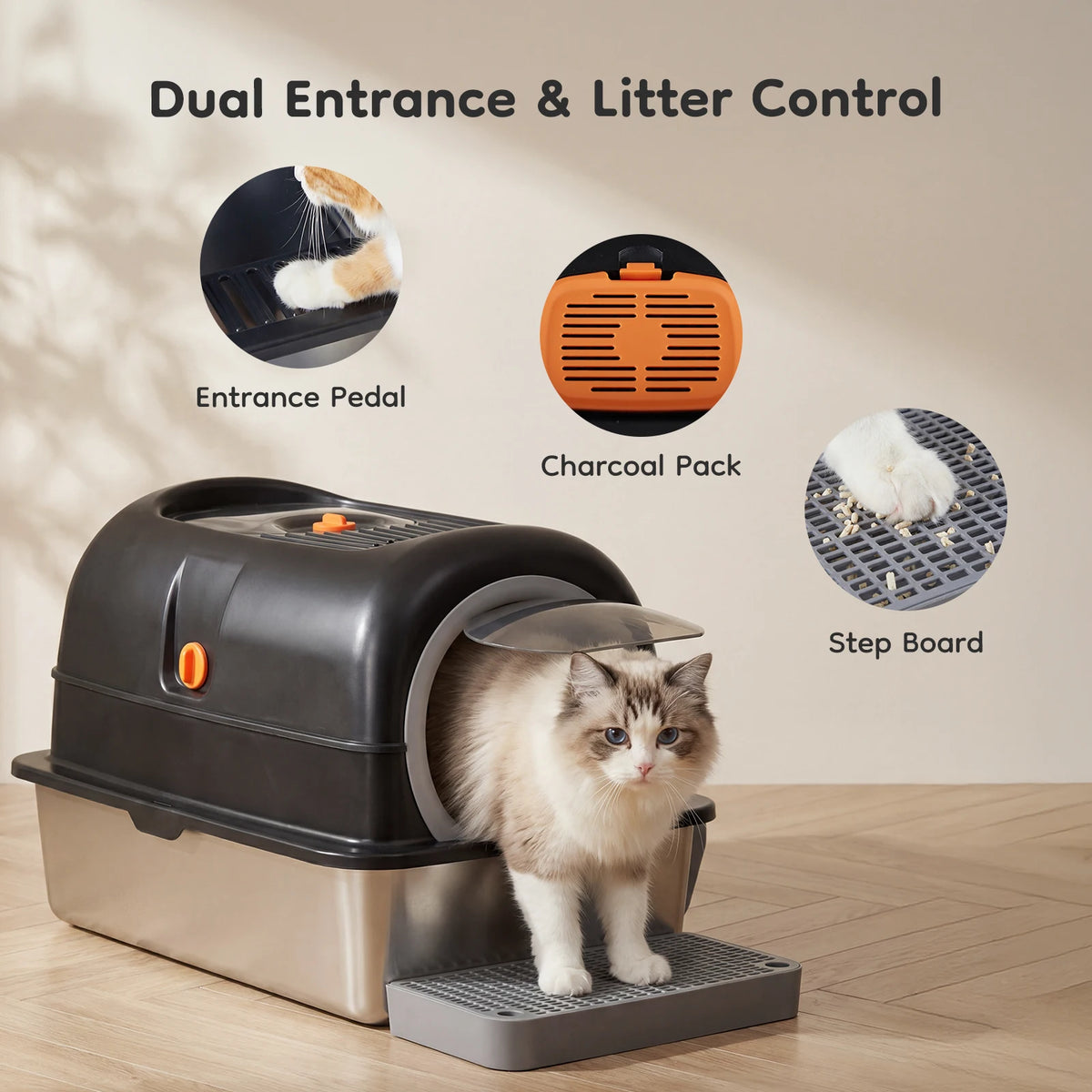 Premium Stainless Steel Fully Enclosed Cat Litter Box With Scoop