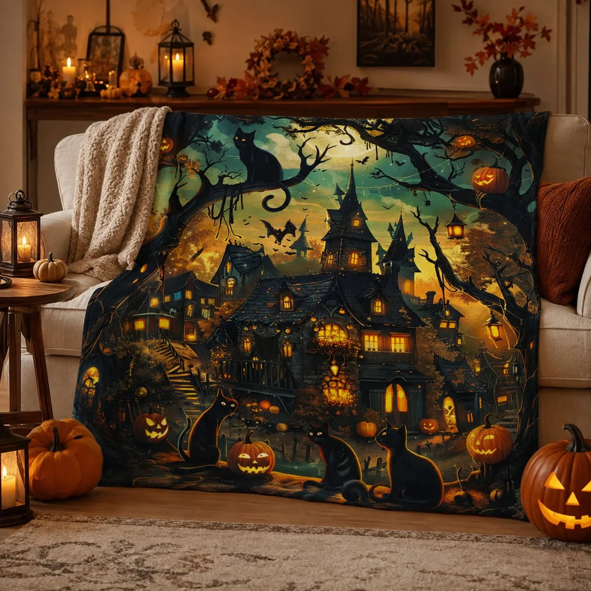Pumpkin Cat Halloween Sherpa Throw Blanket For Home Decor